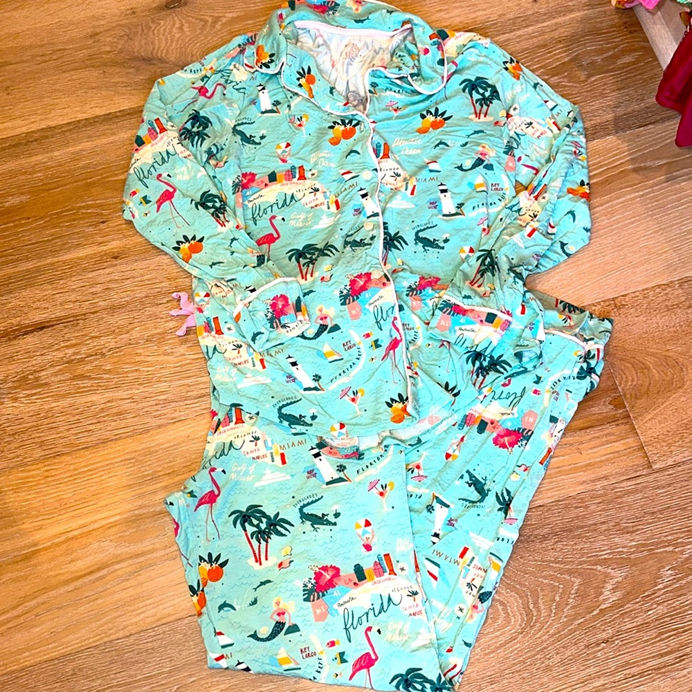 Spartina 449 Aqua Tropical Print Pajama Set with Pink & Orange Accents